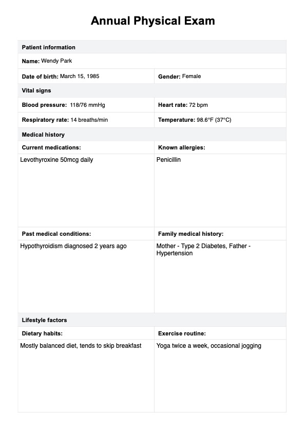 Annual Physical Exam PDF Example