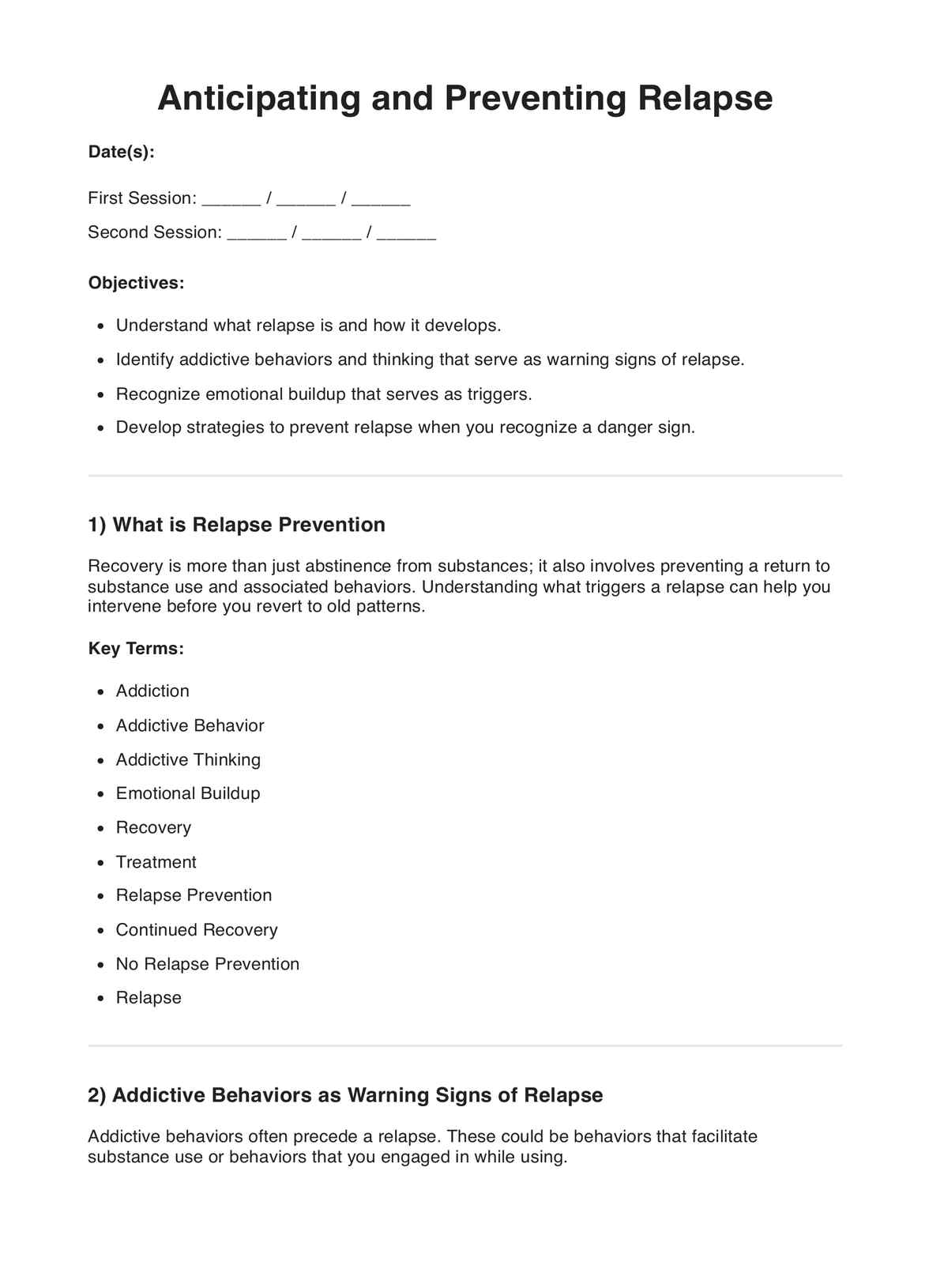 Anticipating and Preventing Relapse CBT Worksheets PDF Example