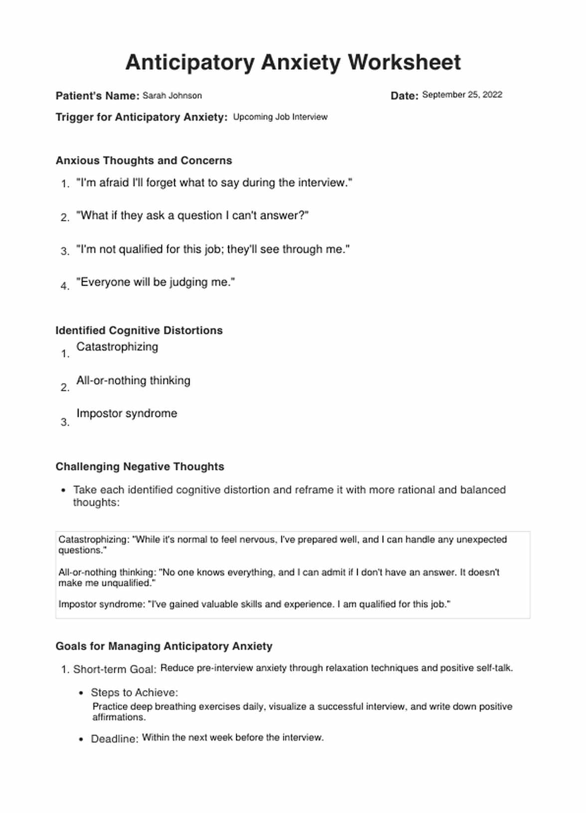 Anticipatory Anxiety Worksheets PDF Example
