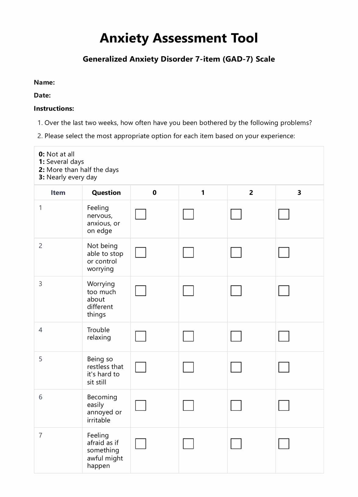 Anxiety Assessment Tool PDF Example