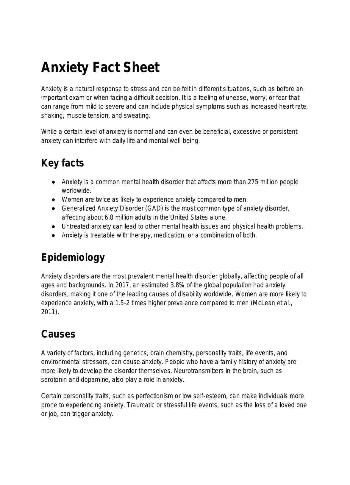 Anxiety Fact Sheet PDF Example