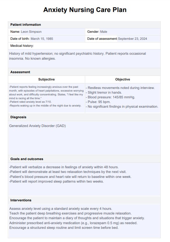 Plan de cuidado de ansiedad PDF Example