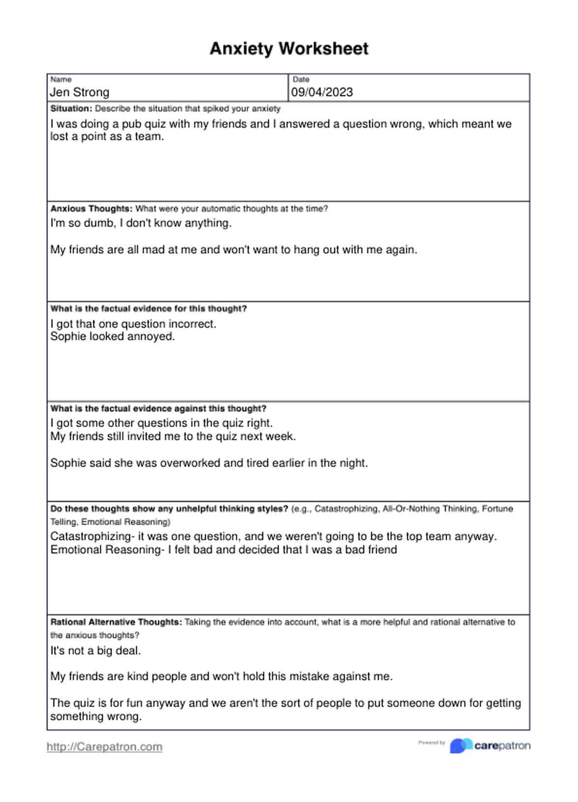 Anxiety Worksheets PDF Example