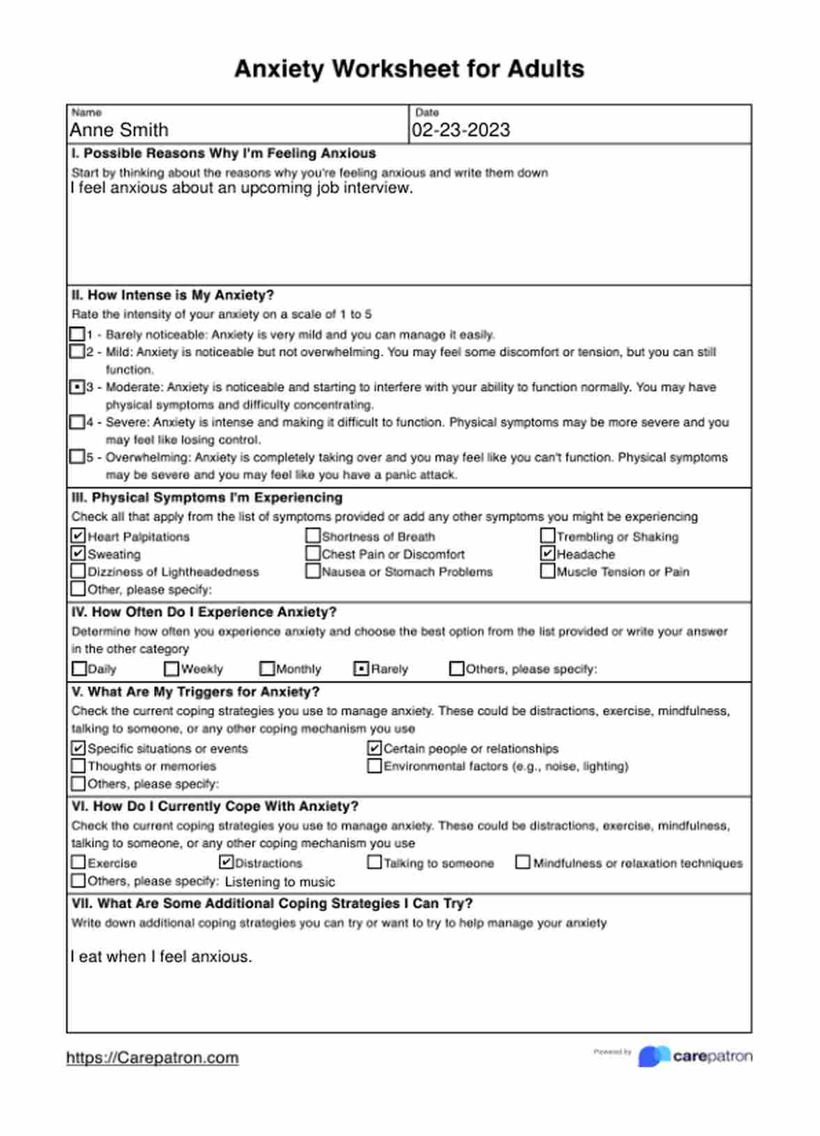 Anxiety Worksheets For Adults PDF Example