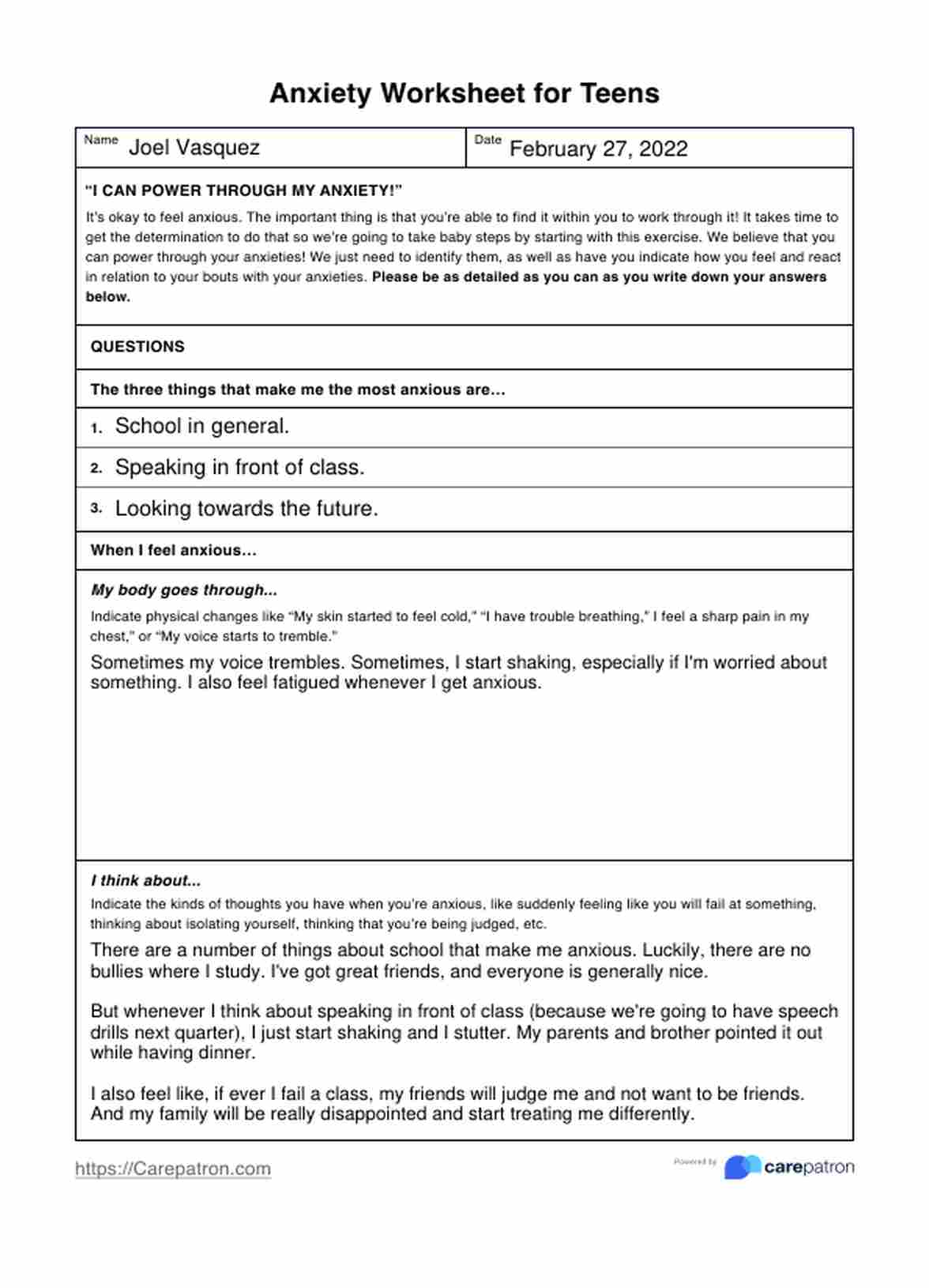 Anxiety Worksheets For Teens PDF Example