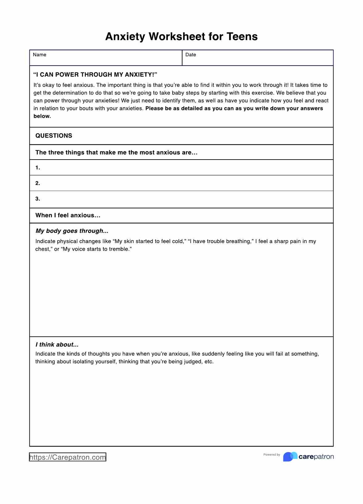 Anxiety Worksheets For Teens PDF Example