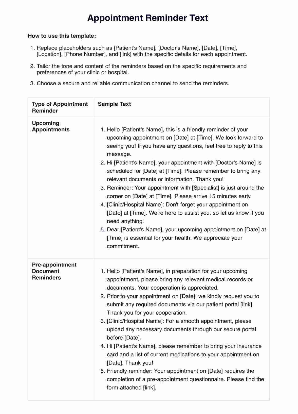 Appointment Reminder Text PDF Example
