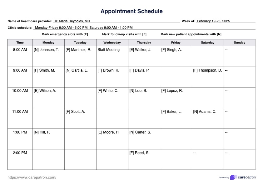 Appointment Schedule Template PDF Example