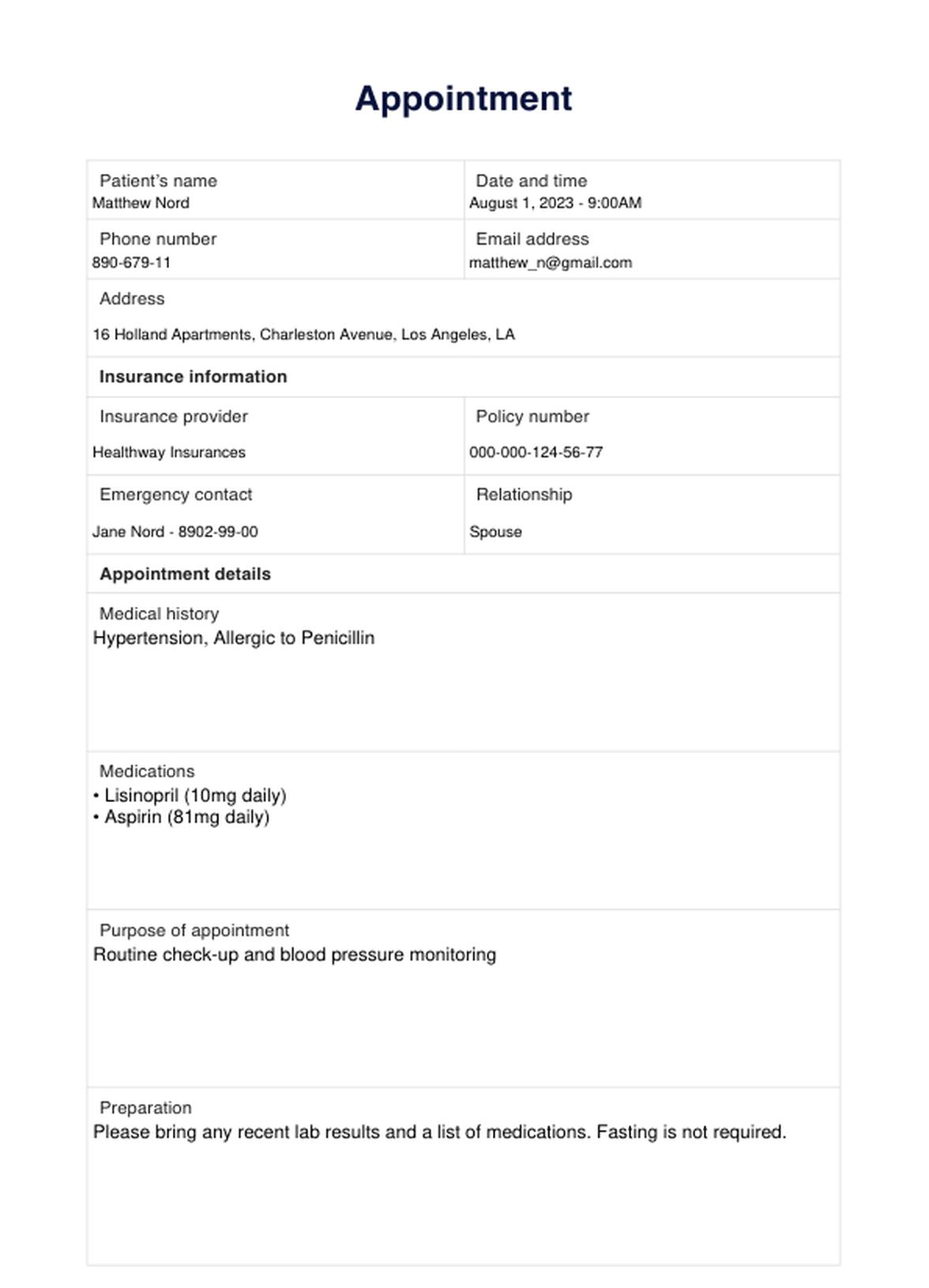 Appointment Template PDF Example
