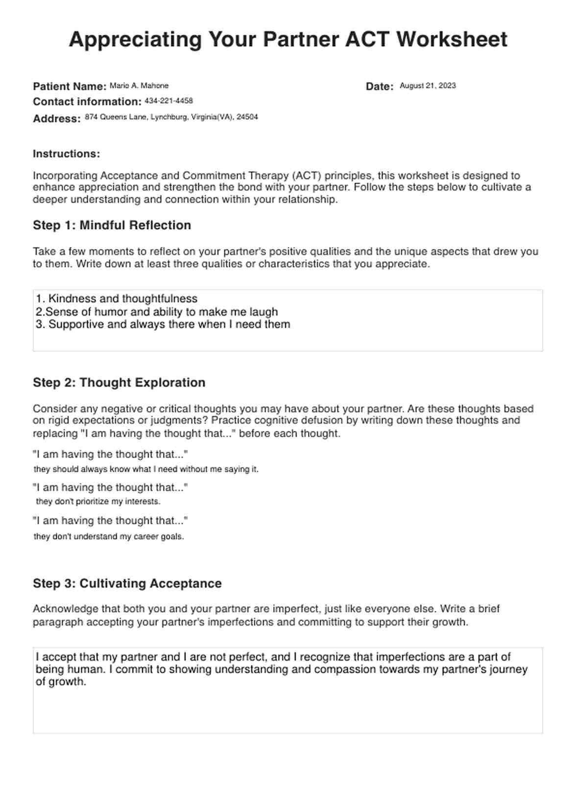 Appreciating Your Partner ACT Worksheet PDF Example