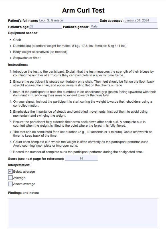 Arm Curl Test & Example | Free PDF Download