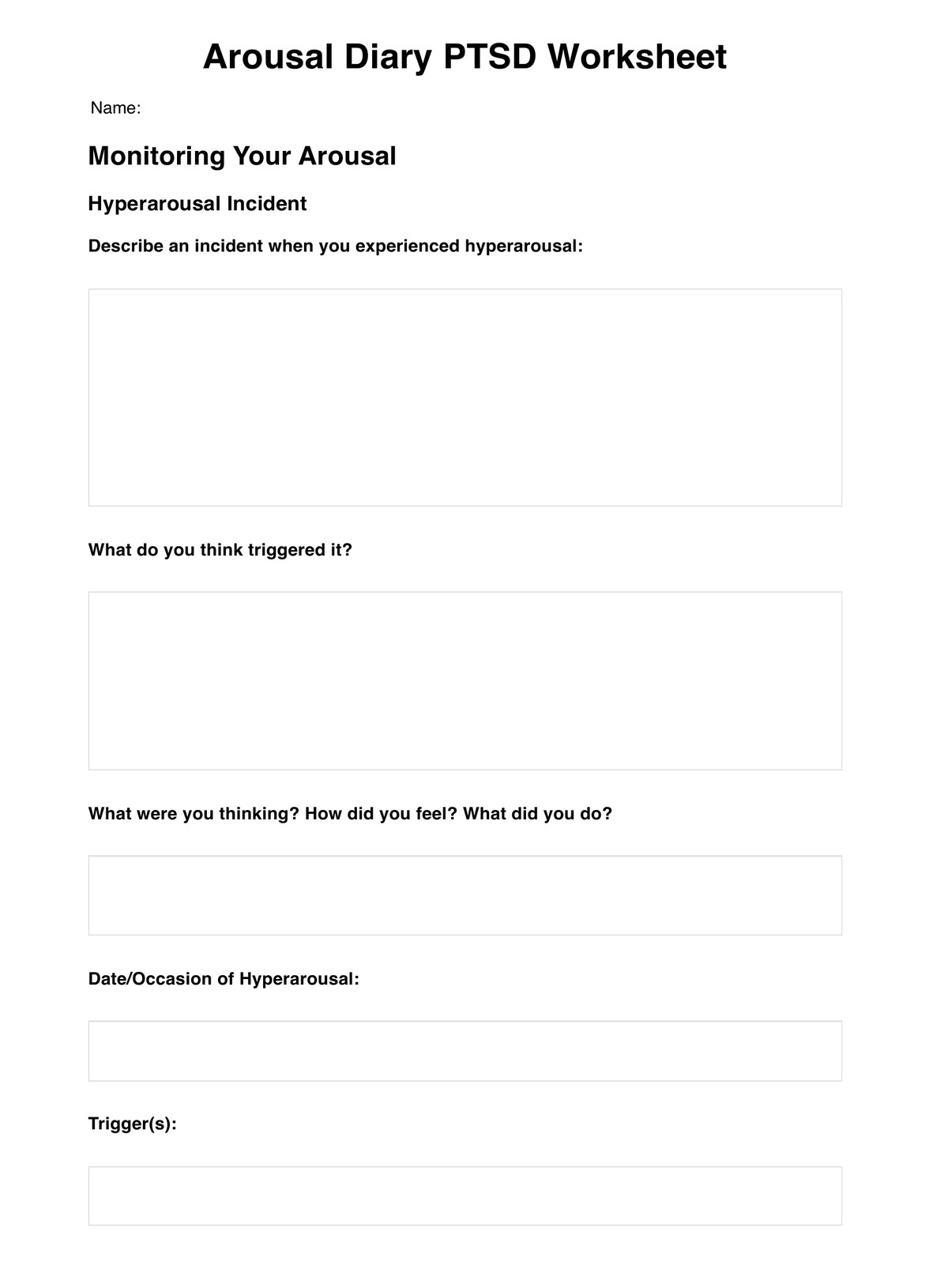 Arousal Diary PTSD Worksheet PDF Example