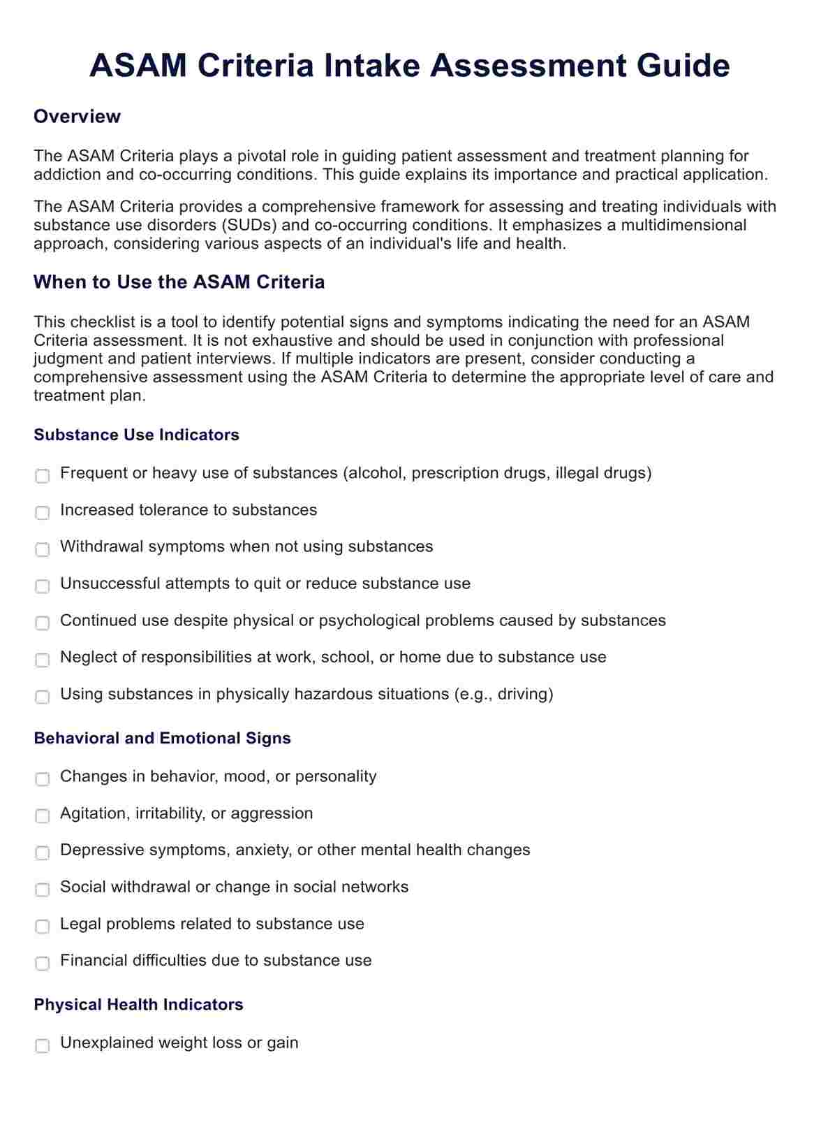 Plan de Tratamiento de Dimensiones ASAM (Sociedad Estadounidense de Medicina de Adicciones) PDF Example