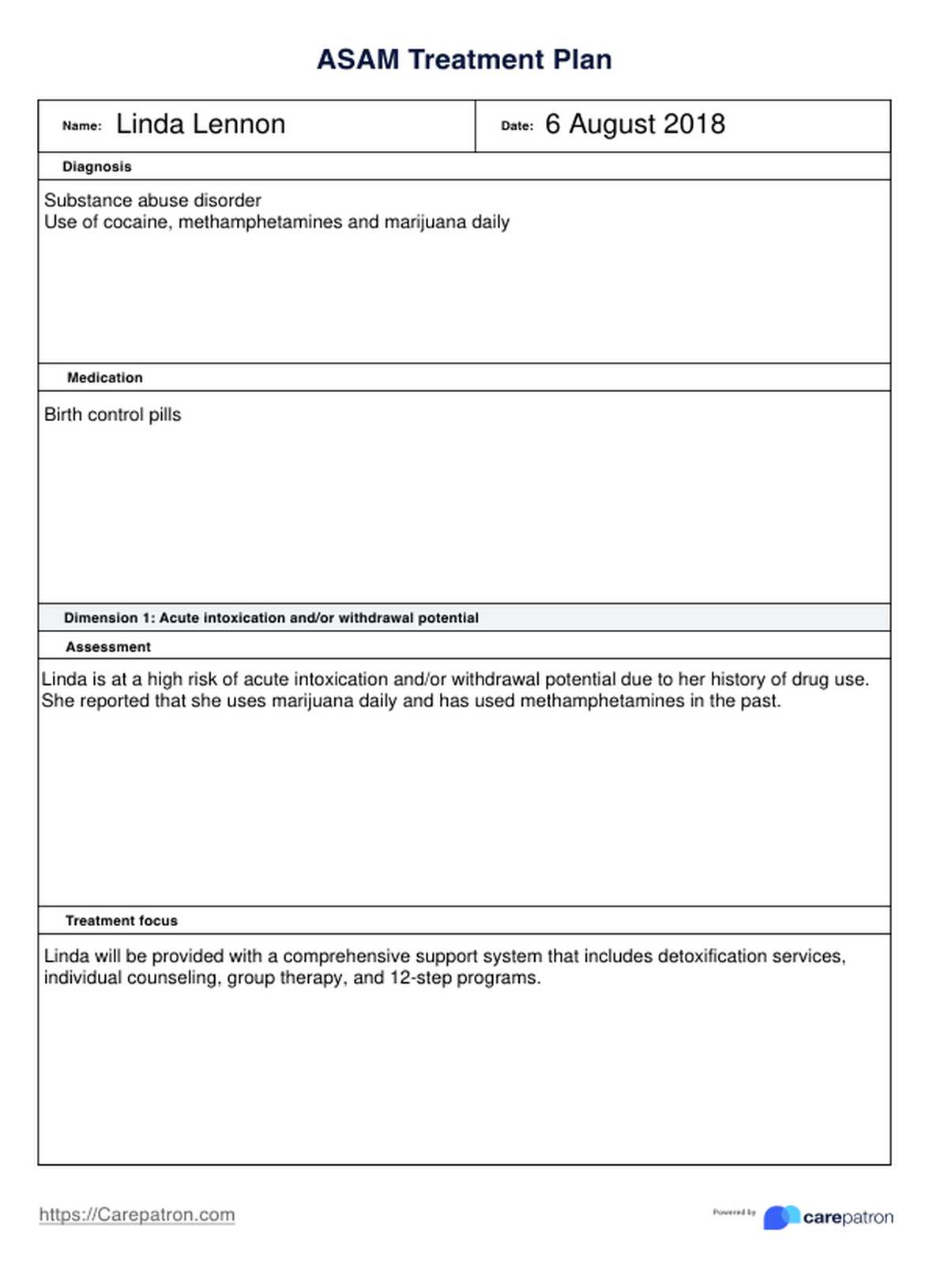 ASAM Dimensions Treatment Plan PDF Example