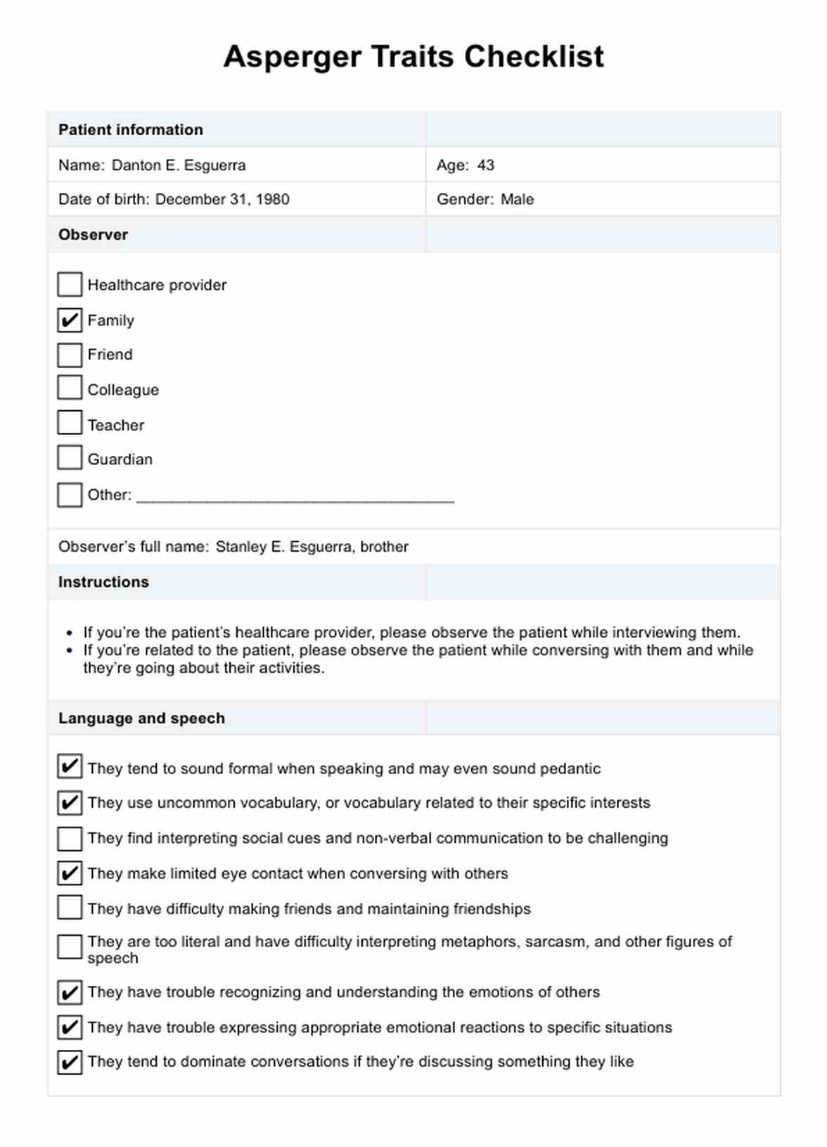 Checklist de Rasgos de Asperger PDF Example