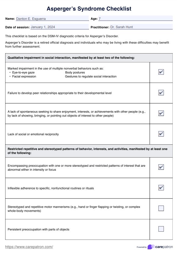 Checklist de rasgos de asperger PDF Example