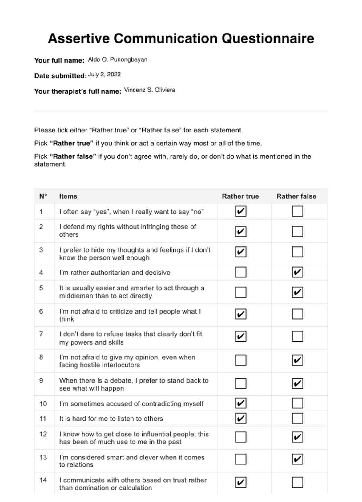 Assertive Communication Questionnaire PDF Example