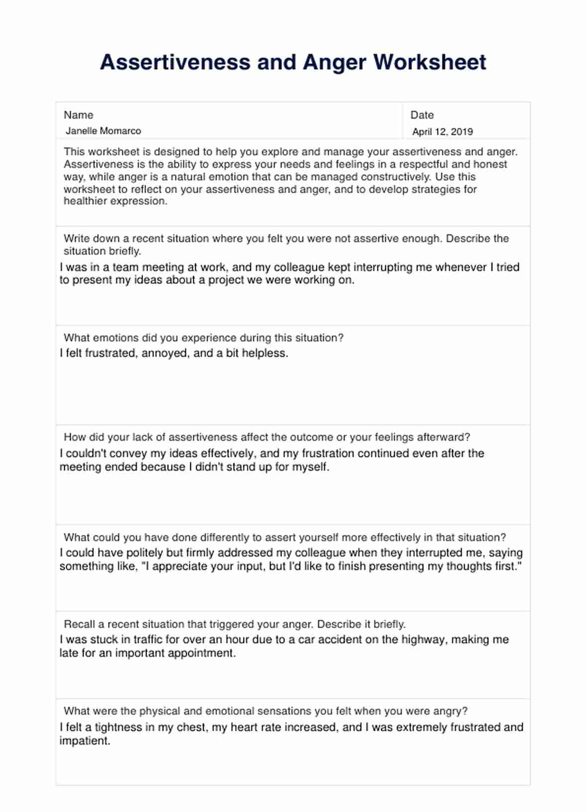 Assertiveness and Anger Worksheets PDF Example