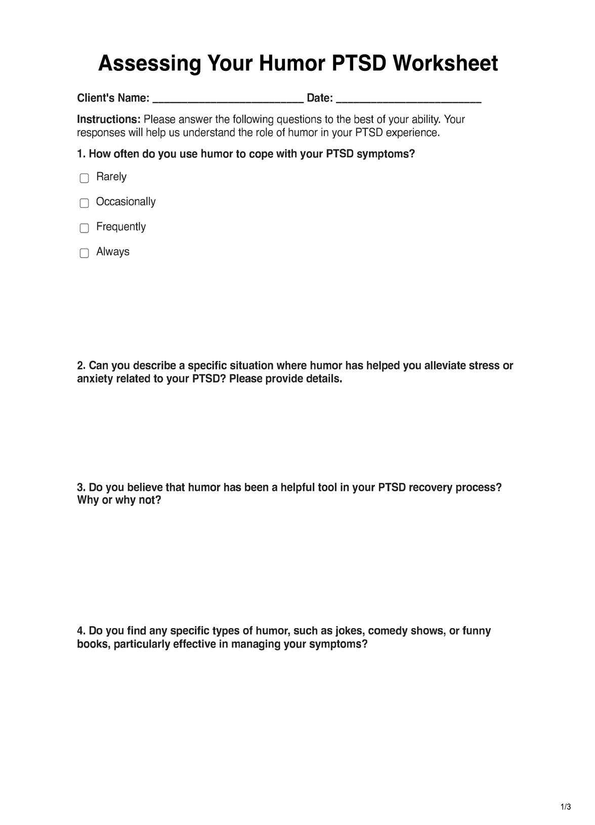 Assessing Your Humor PTSD Worksheet PDF Example