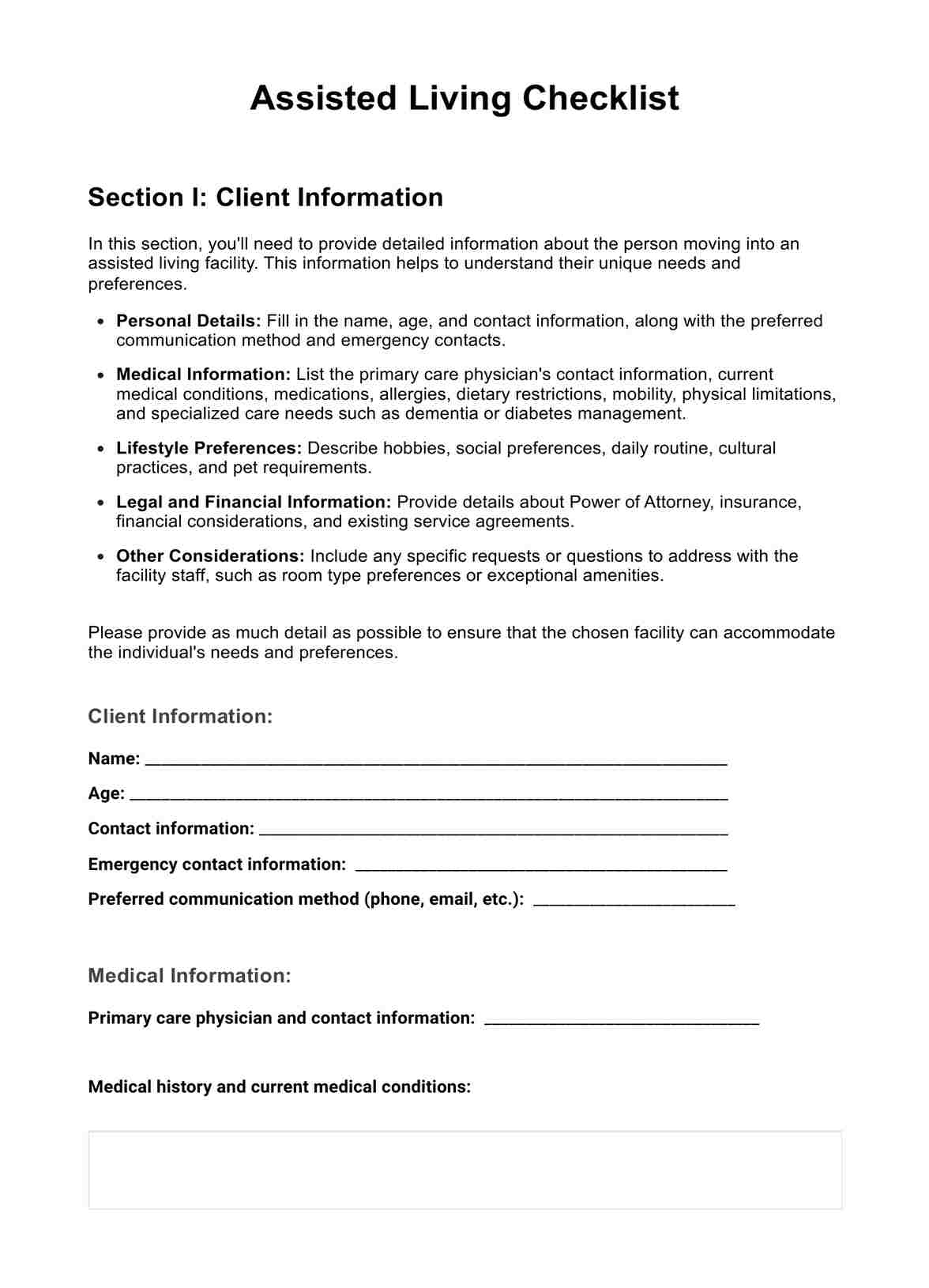 Assisted Living Checklist PDF Example