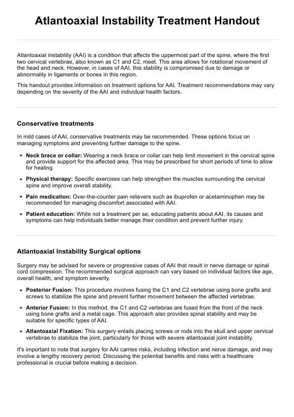 Atlantoaxial Instability Treatment Handout PDF Example