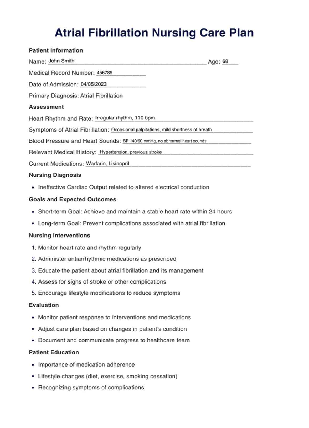 Atrial Fibrillation Nursing Care Plan PDF Example