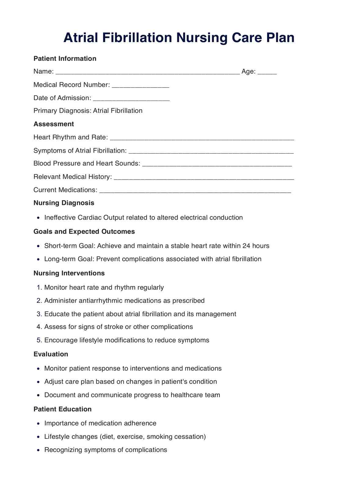 Atrial Fibrillation Nursing Care Plan PDF Example