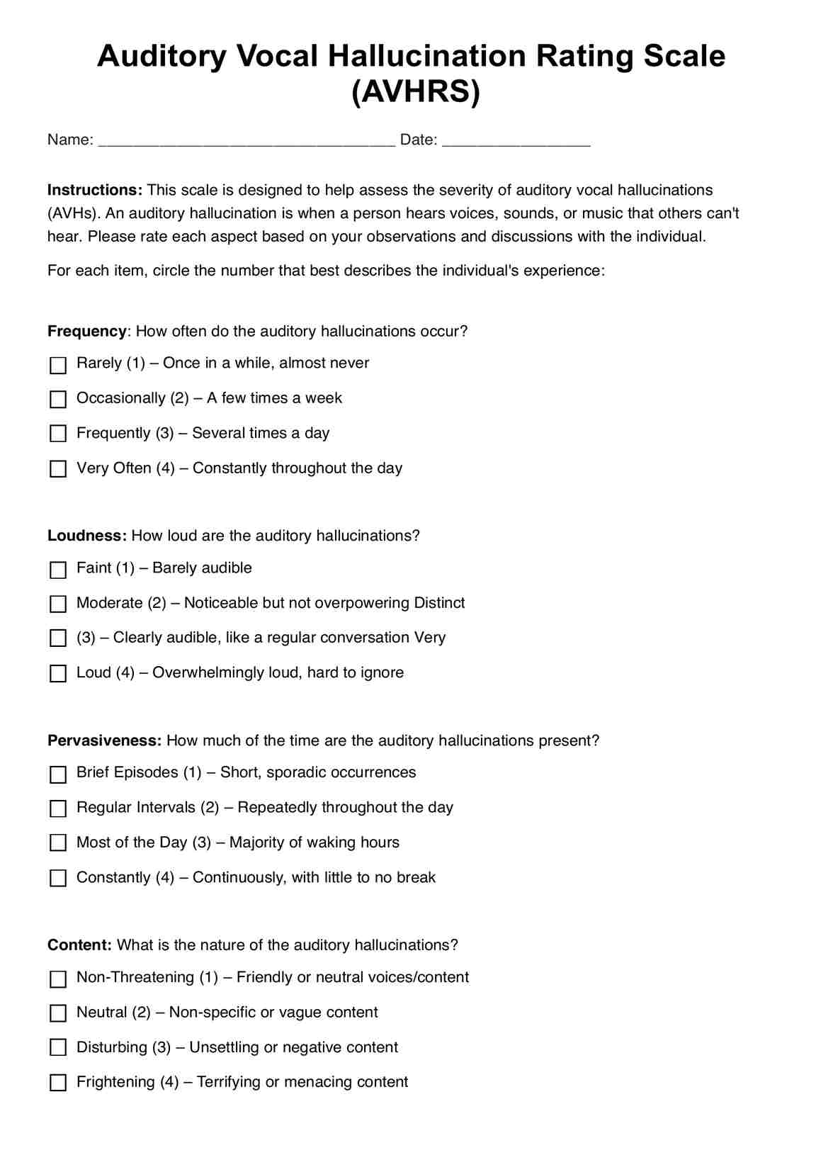 Auditory Vocal Hallucination Rating Scale PDF Example