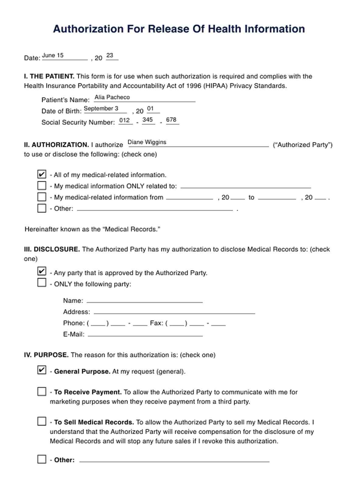 Authorization For Release Of Health Information PDF Example