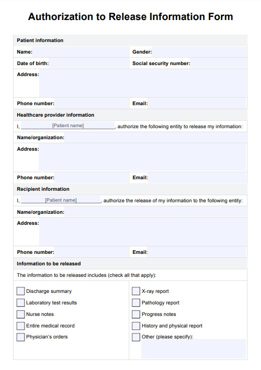 Blank Authorization To Release Information Form PDF Example