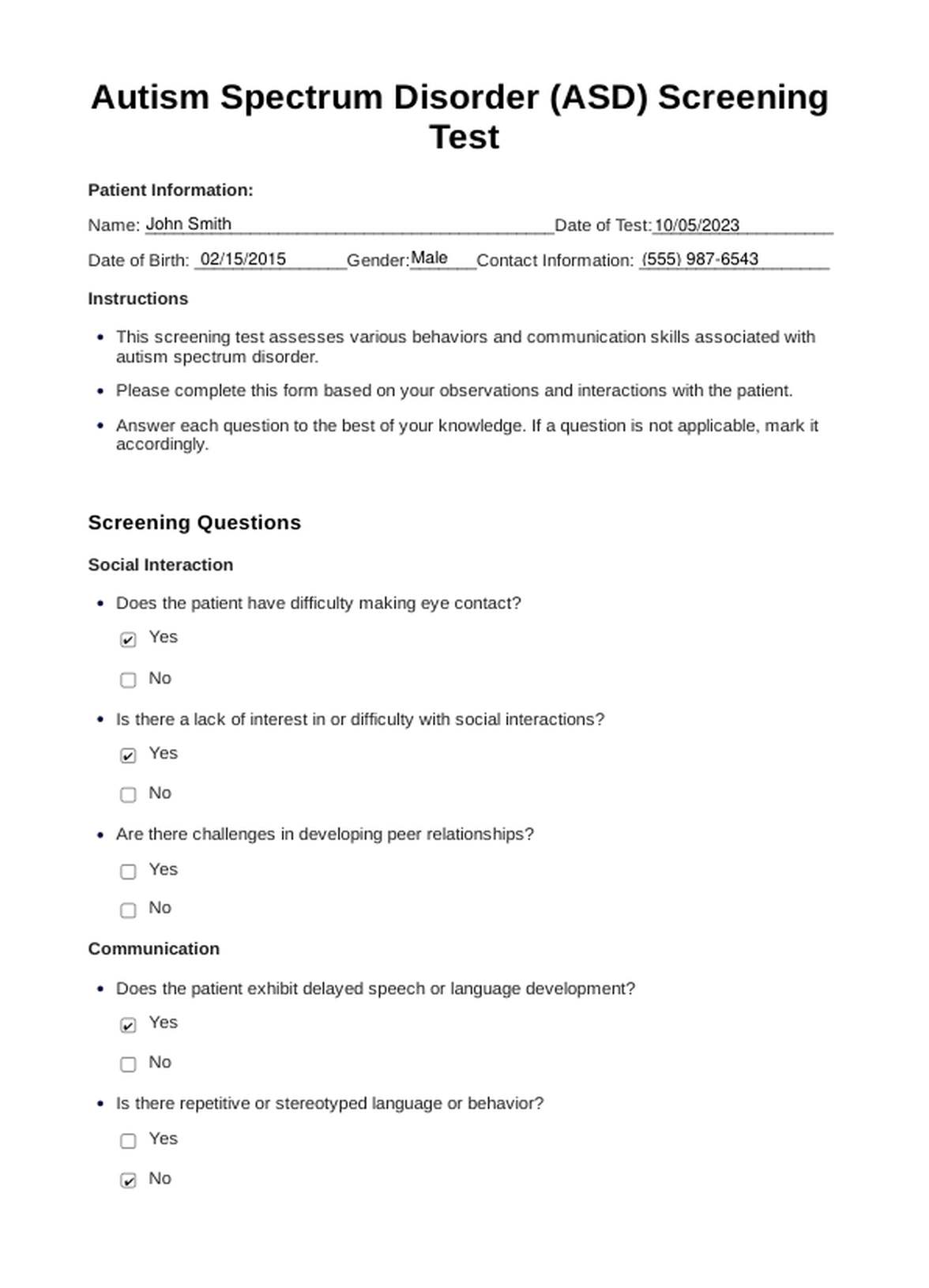 Autism Spectrum Disorder Screening PDF Example
