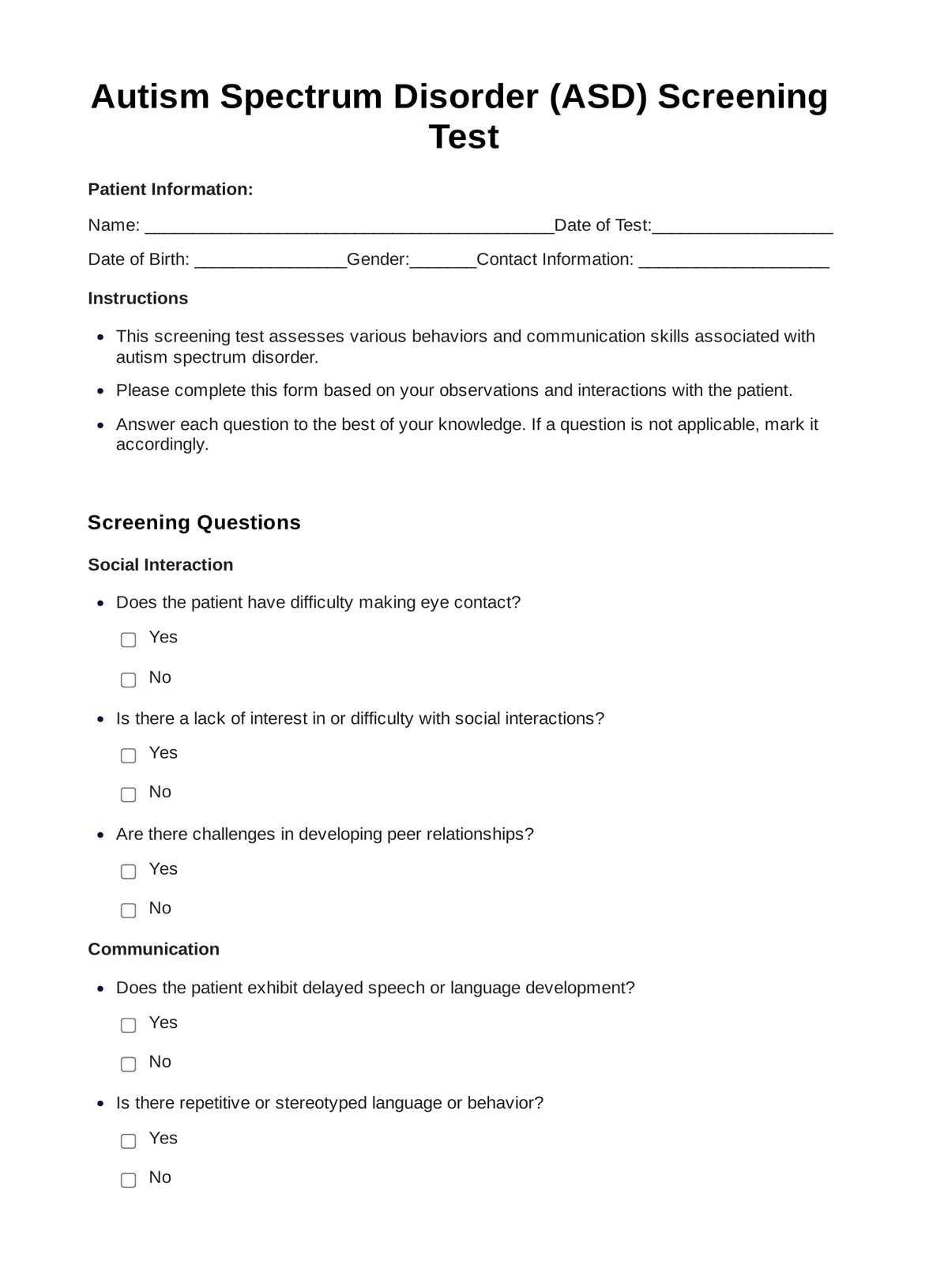 Autism Spectrum Disorder Screening PDF Example