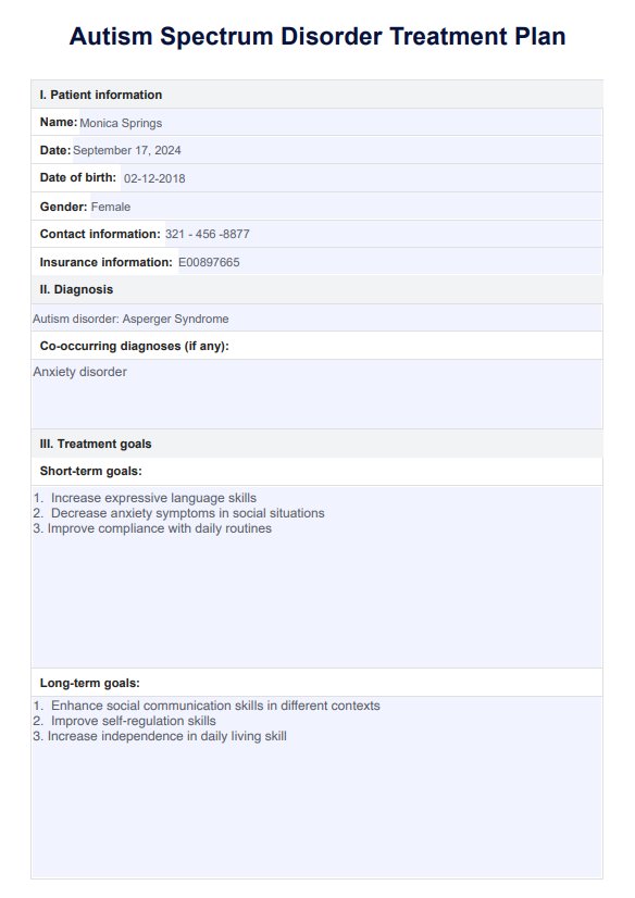 Plan de tratamiento de trastorno del espectro autista PDF Example