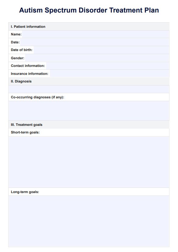 Plan de tratamiento de trastorno del espectro autista PDF Example
