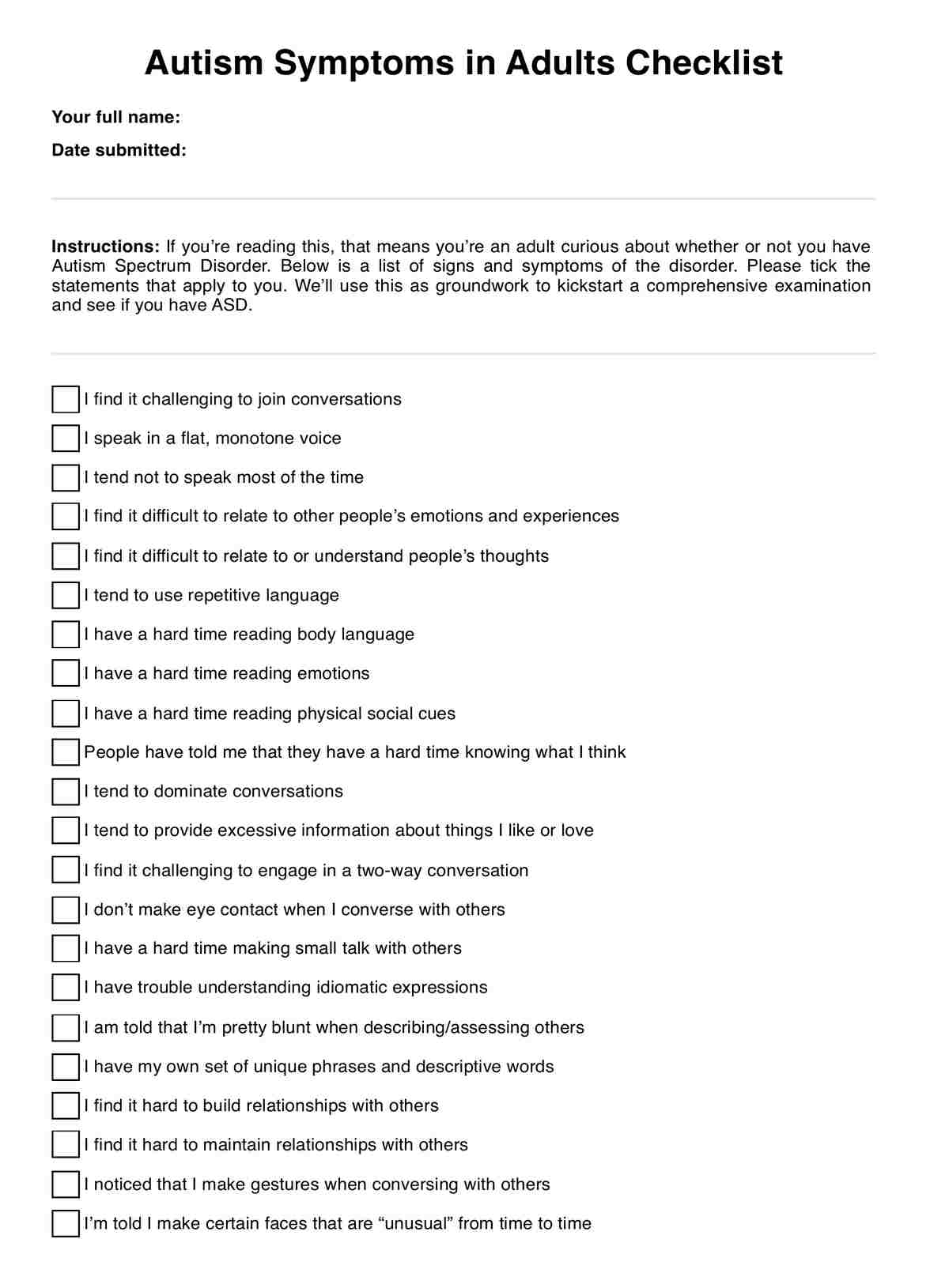 Autism Symptoms in Adults Checklist PDF Example