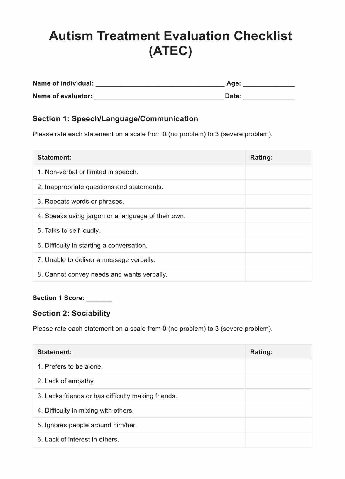Autism Treatment Evaluation Checklist (ATEC) PDF Example