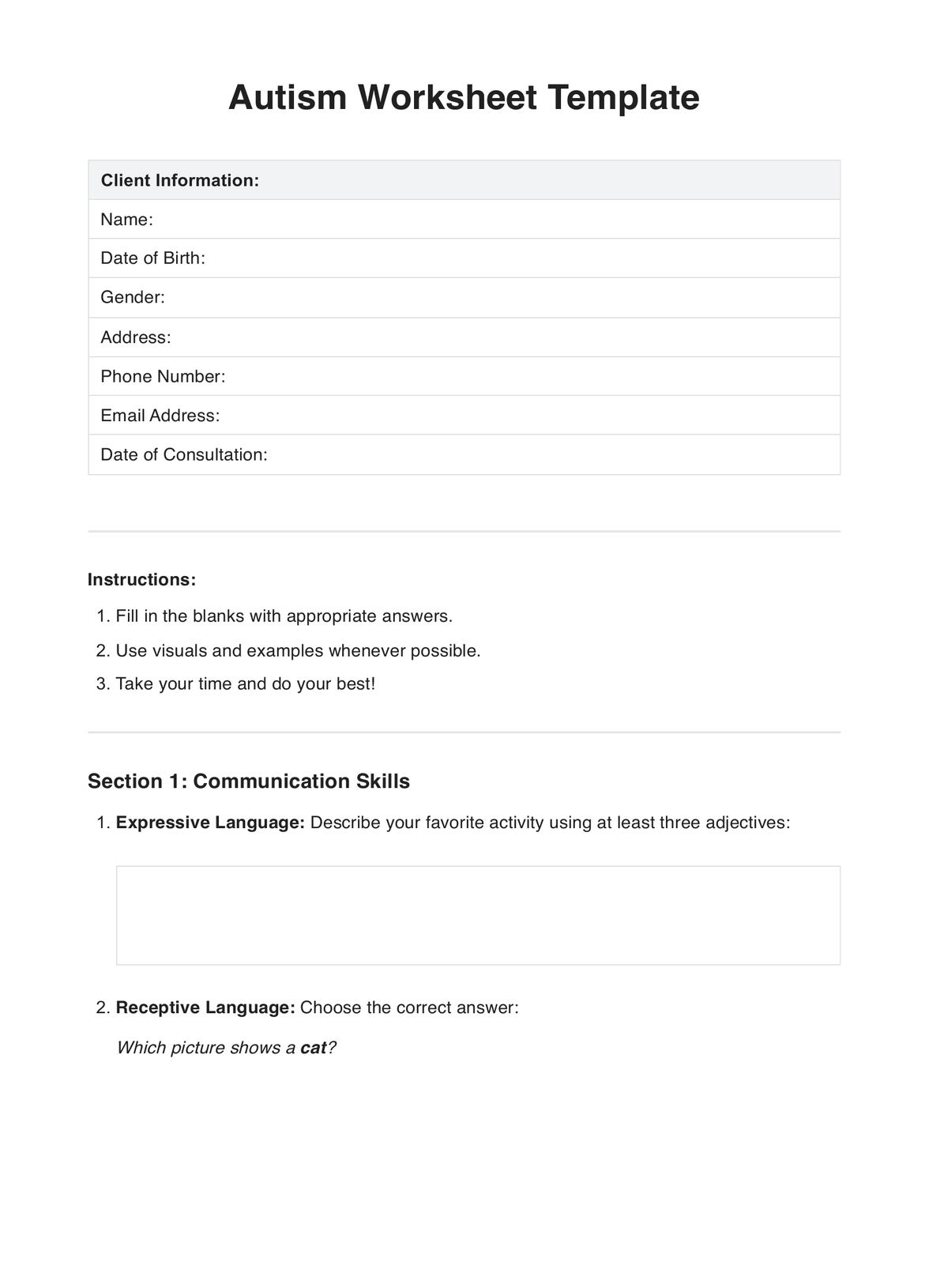Autism Worksheets PDF Example