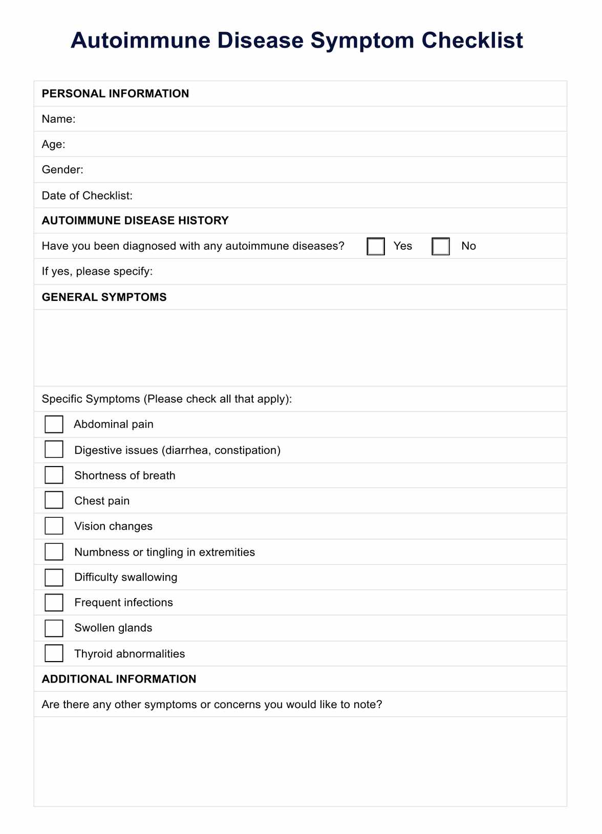 Autoimmune Disease Symptom Checklist PDF Example