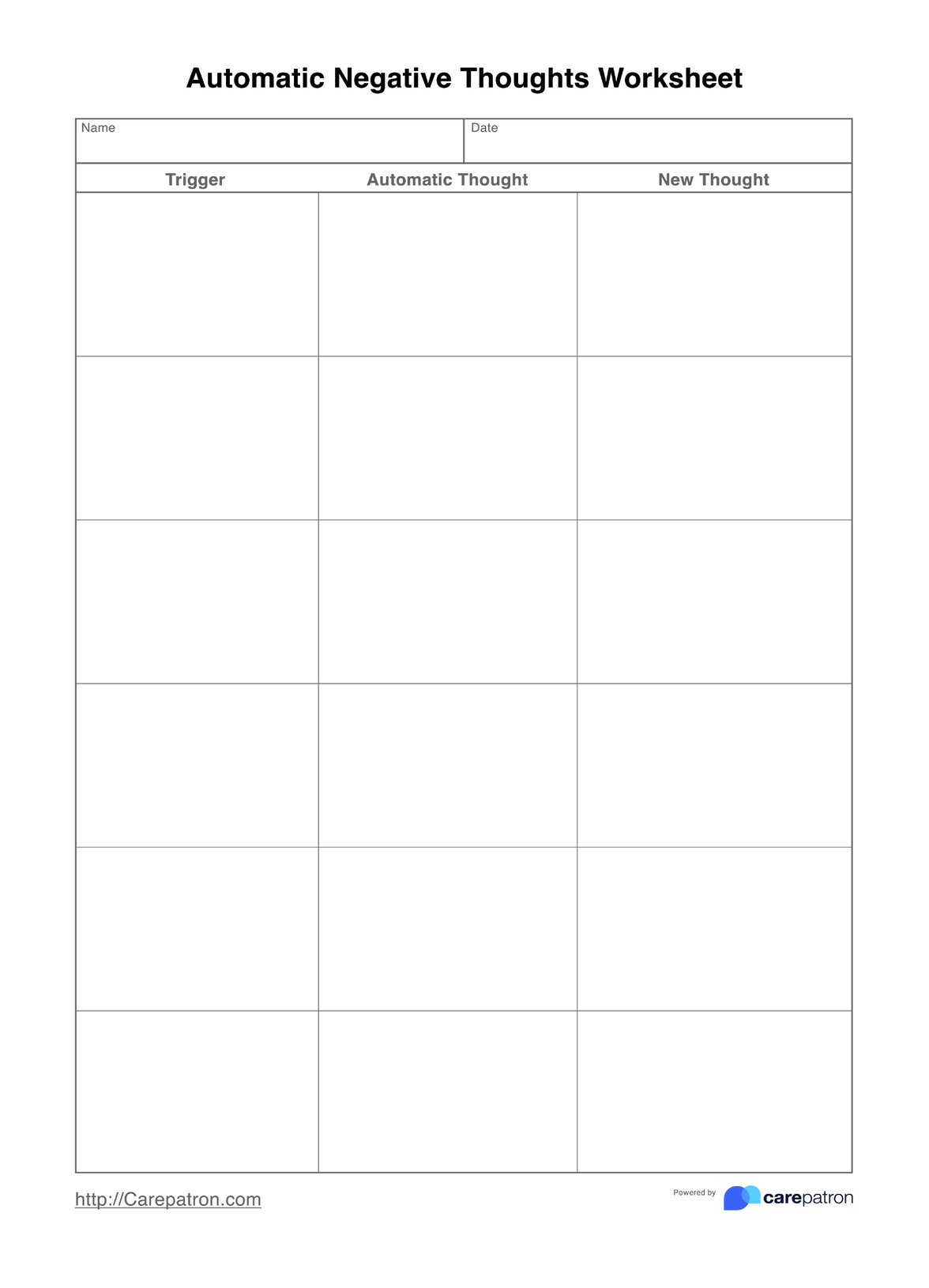 Automatic Negative Thoughts Worksheets PDF Example