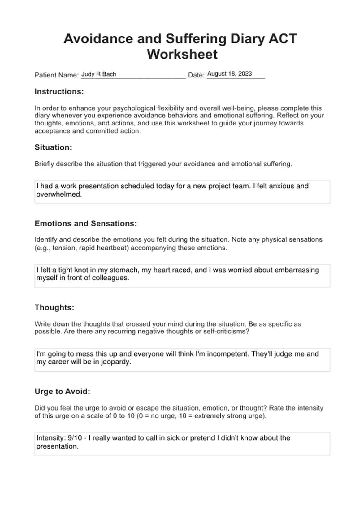 Avoidance and Suffering Diary ACT Worksheet PDF Example