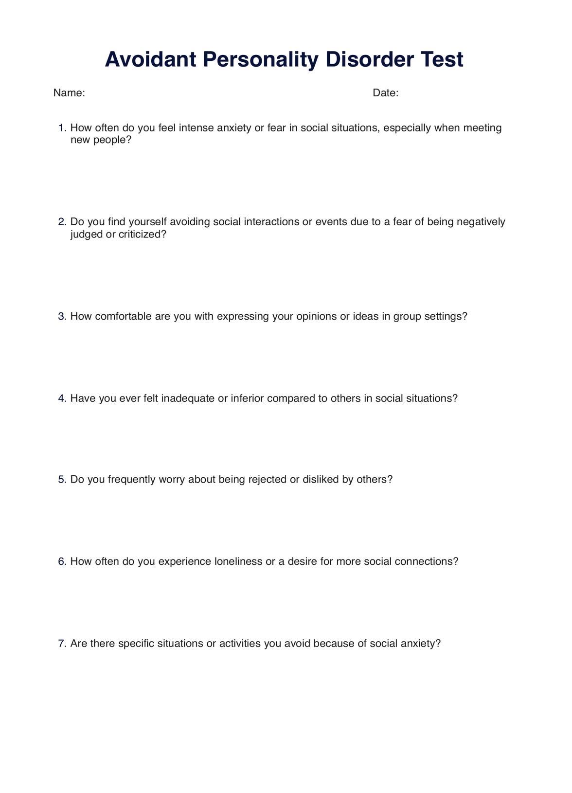 Avoidant Personality Disorder Test PDF Example