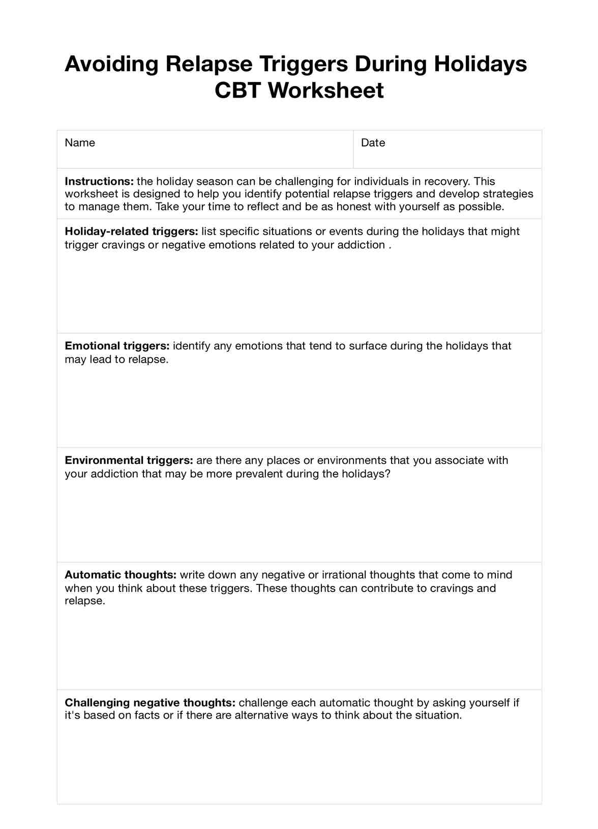 Avoiding Relapse Triggers During Holidays CBT Worksheets PDF Example