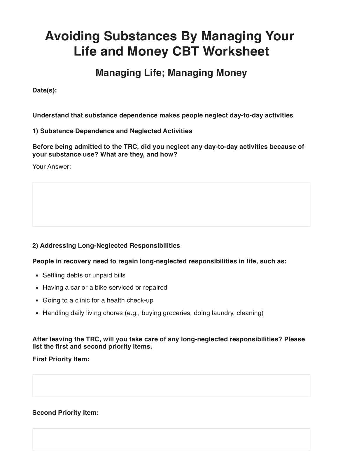 Avoiding Substances By Managing Your Life and Money CBT Worksheet PDF Example