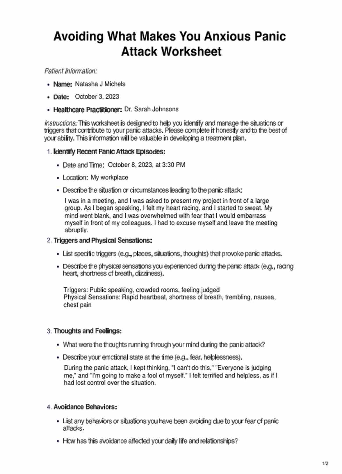 Avoiding What Makes You Anxious Panic Attack Worksheet PDF Example
