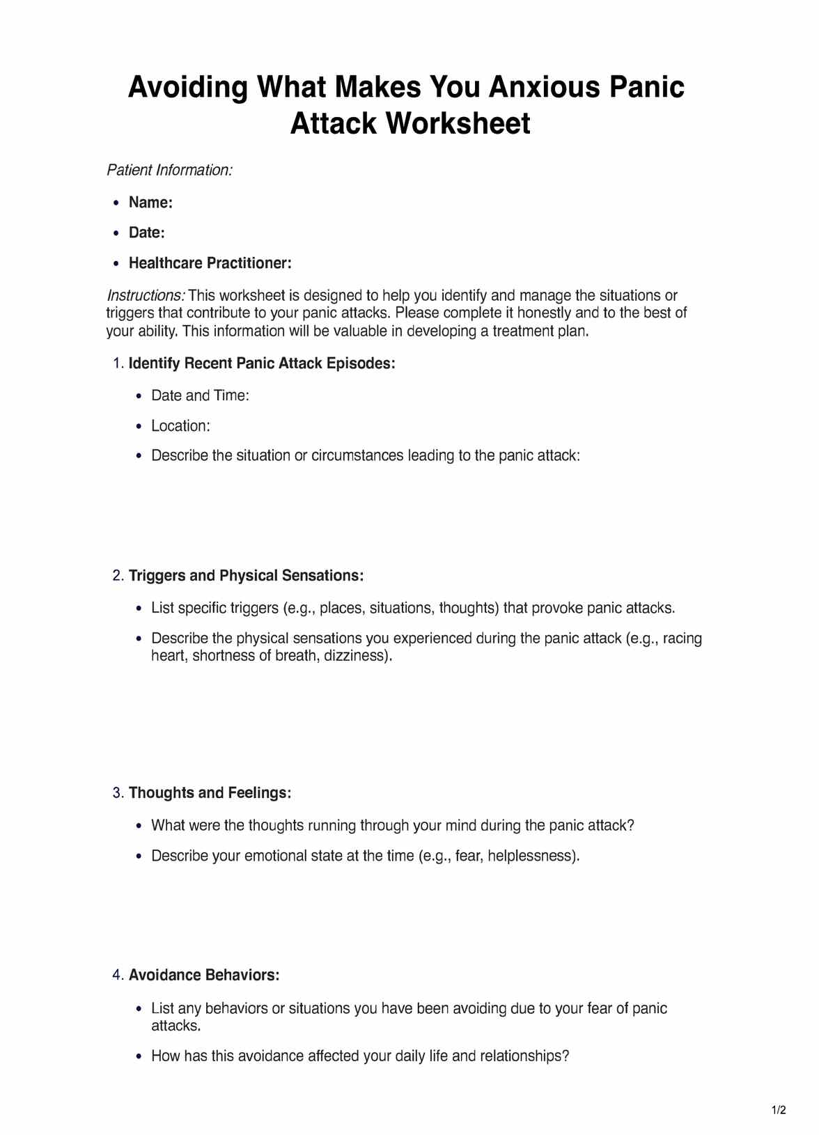 Avoiding What Makes You Anxious Panic Attack Worksheet PDF Example