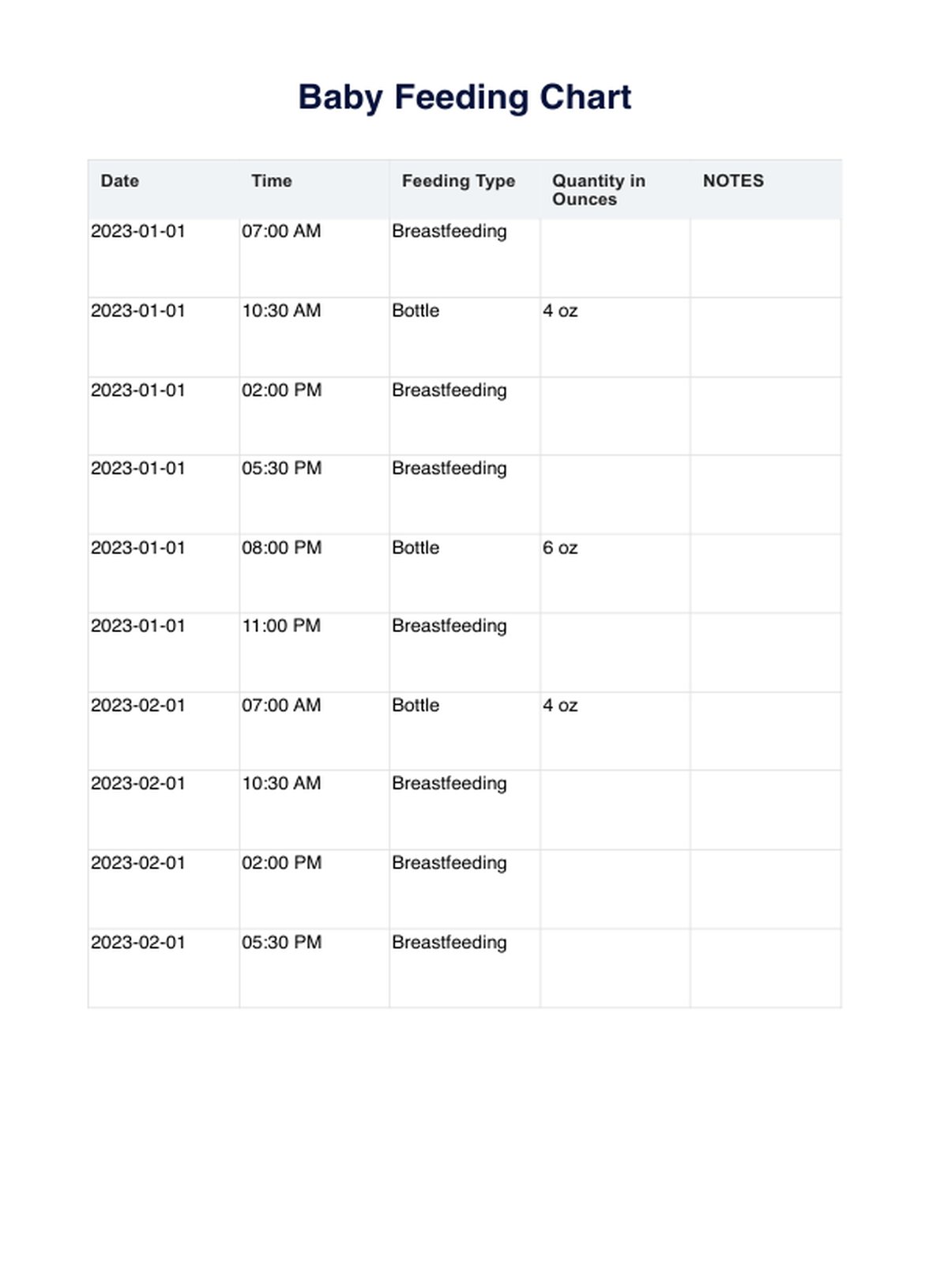 Baby Feeding Chart Example Free PDF Download