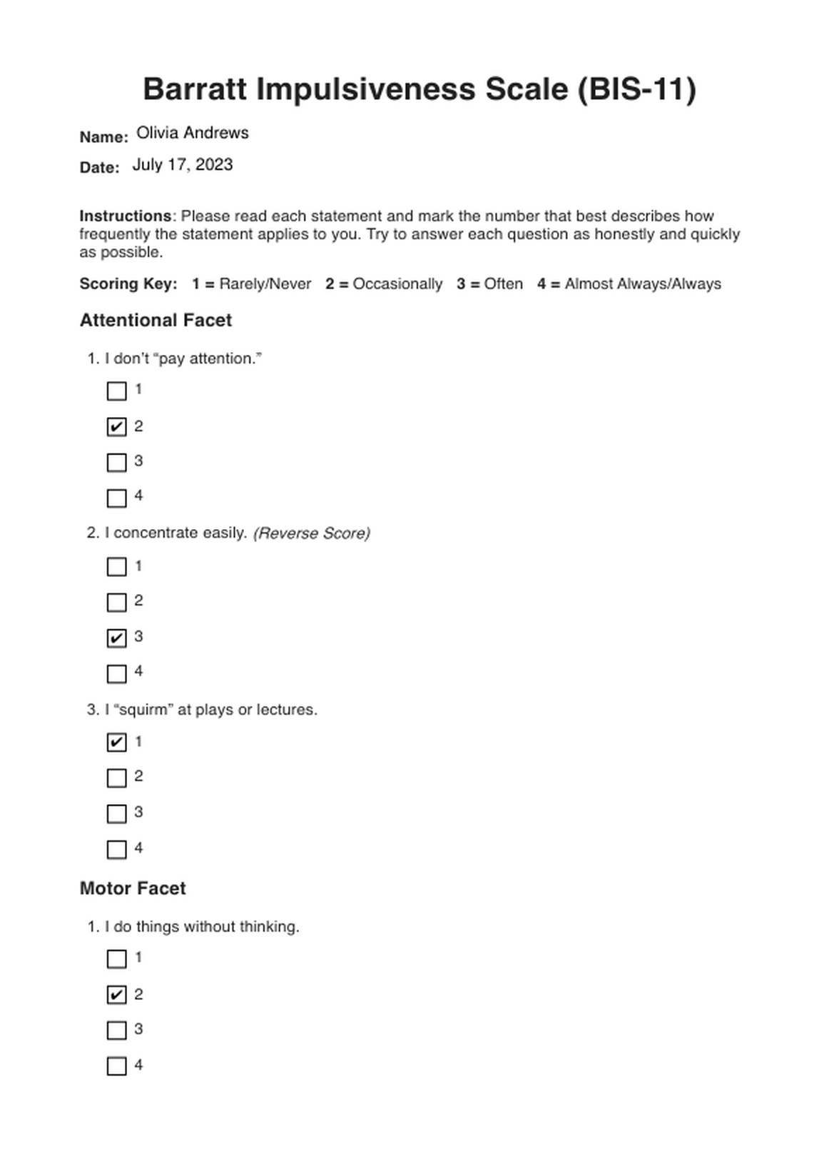 Barratt Impulsiveness Scale (BIS-11) PDF Example