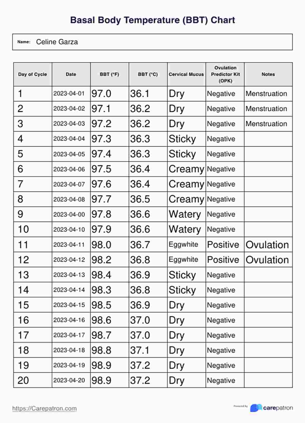 Basal Body Temperature Chart PDF Example