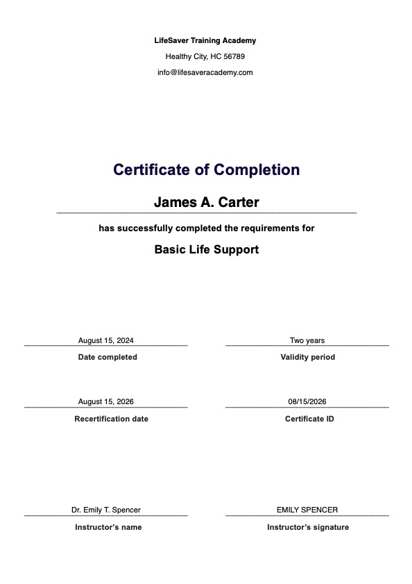 Basic Life Support Certificate PDF Example