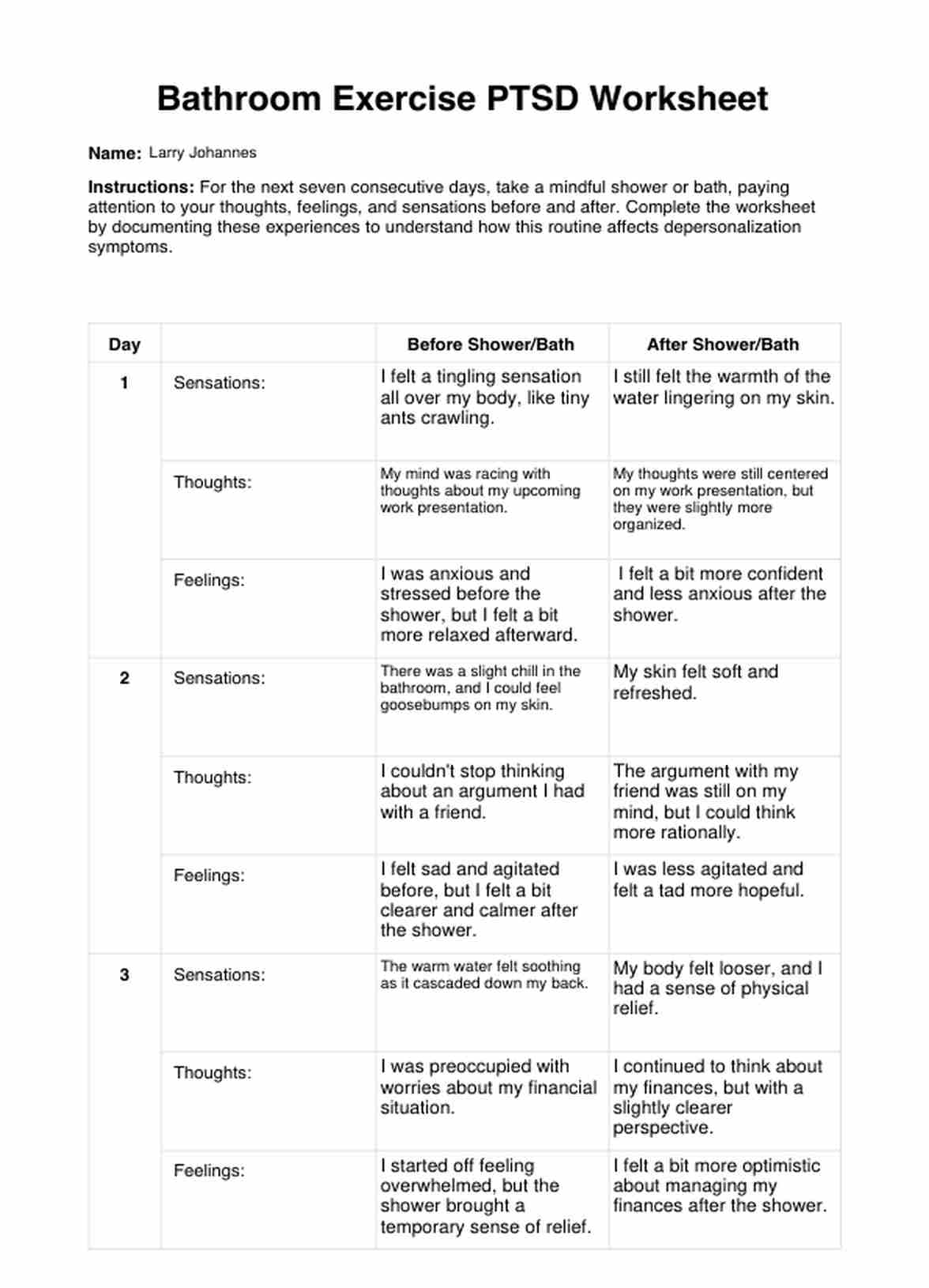 Bathroom Exercise PTSD Worksheet PDF Example